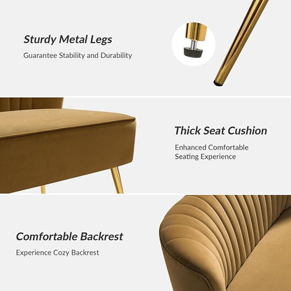 TINA'S HOME Mid-Century Velvet Loveseat Sofa, Upholstered Loveseat Couch with Golden Metal Legs, Small Tufted 2-Seat Sofa Armless Love Seat for Living Room Bedroom, Golden
