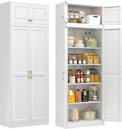 86" Tall Metal Kitchen Pantry Storage Cabinet with Doors and 4 Adjustable Shelves, Extra Large Heavy Duty Steel Storage Cabinet for Kitchen, Garage, Living Room, Pantry Cupboard, White (2 Packages)