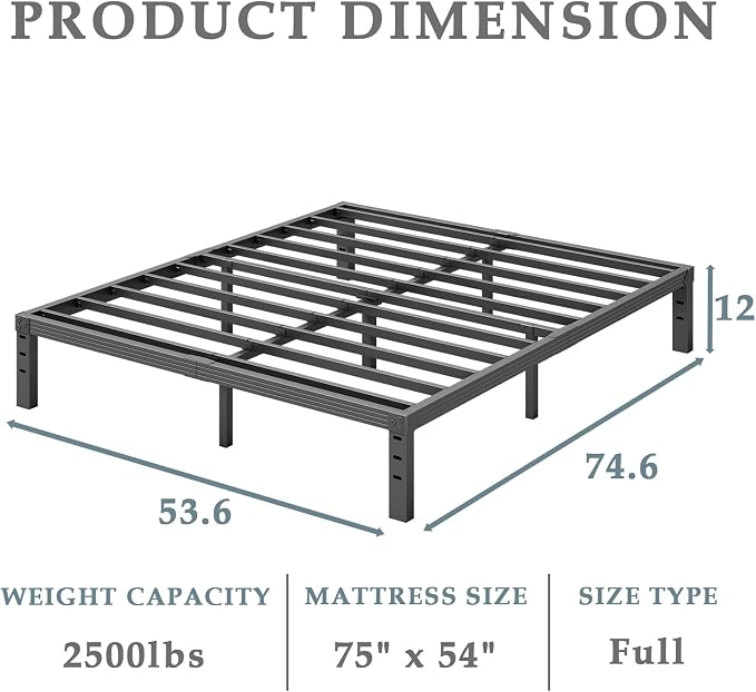 FSCHOS 12 Inch Metal Platform Full-Size Bed Frame, No Box Spring Needed, Heavy Duty Easy Assembly, Noise Free, Black