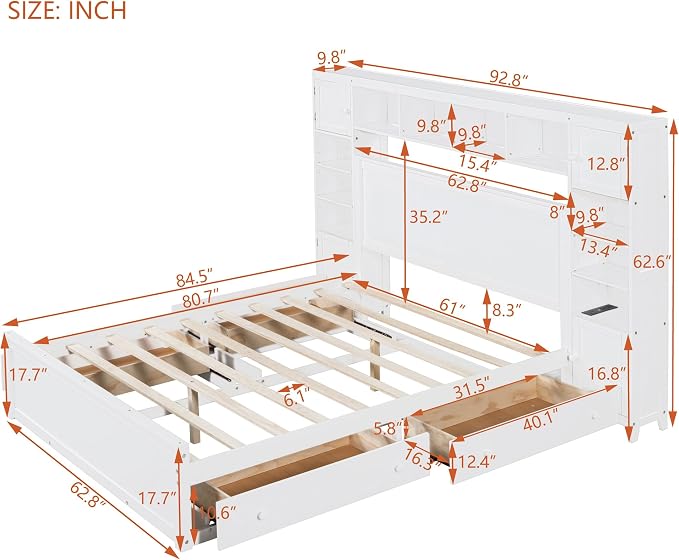 Merax Queen Size Wooden Bed with All-in-One Cabinet, White Platform Bed Frame with 4 Drawers, Shelf and Sockets