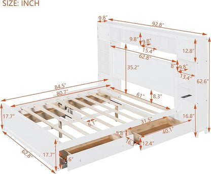 Merax Queen Size Wooden Bed with All-in-One Cabinet, White Platform Bed Frame with 4 Drawers, Shelf and Sockets