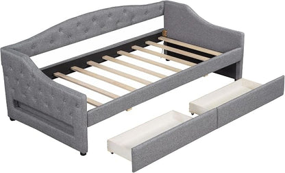 Merax Twin XL Size Modern Upholstered Platform Bed with 2 Drawers, Linen Sofa Daybed with Wood Slat Support, Storage Bed Frame, Space Saving/Gray