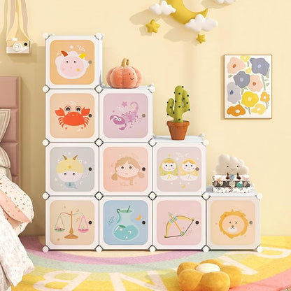 INFANS Children Wardrobe, Kid Closet Portable Baby Dresser Cute for Kids Bedroom Nursery Armoire with Doors 12 Cube 2 Hanging Sections, Kid Clothes Storage Organizer (Pink, 12 Cubes)