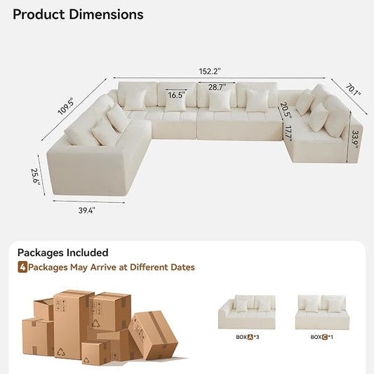 170''Modular Sectional Couches for Living Room, Cloud Boneless Compressed Sectional Sofa, Oversized U Shaped 8 Seater Upholstered Memory Foam Sofa, No Assembly, Chenille Beige
