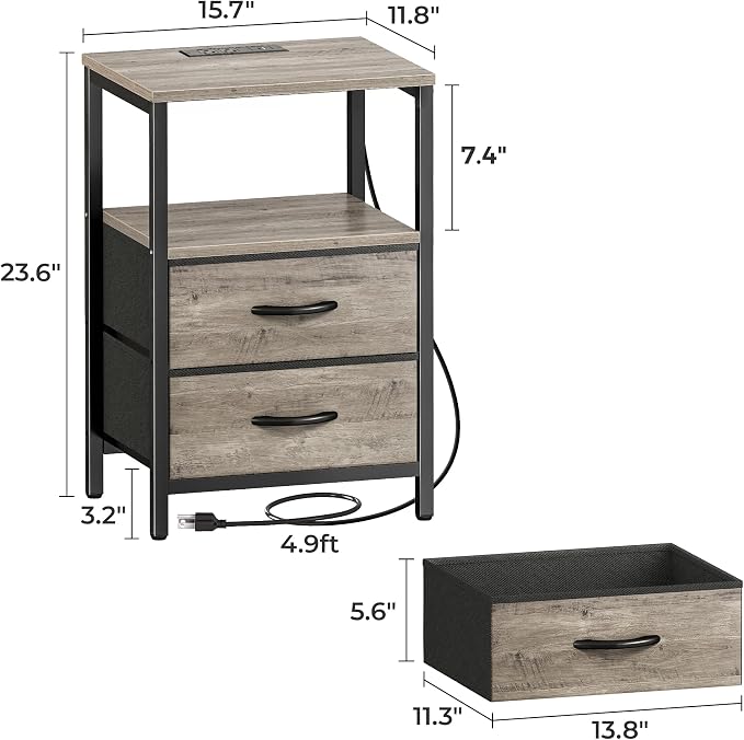 Huuger Nightstand with Charging Station, Fabric Drawers, End Table with Open Shelf, Bedside Table with USB Ports and Outlets, Night Stand for Bedroom, Oak