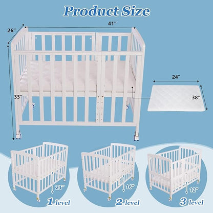 Flwrgirl Convertible Mini Baby Crib - Portable Bedside Bassinet with Mattress Included,5 Heights Baby Crib with Wheels for Newborns,Infant 0-18 Months,White