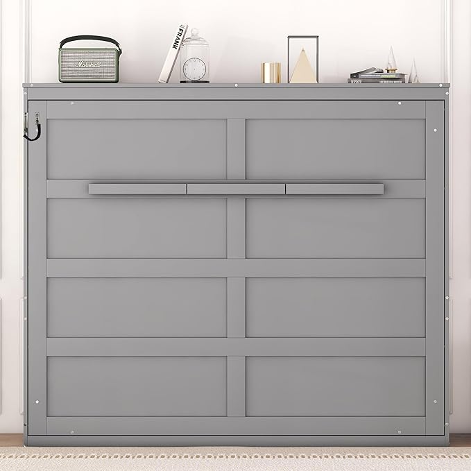 Merax Modern Farmhouse Solid Wood Murphy Bed Chest | Wall Bed with Wood Slat Support/ No Box Spring Needed/ Space Saving/ Queen,Gray