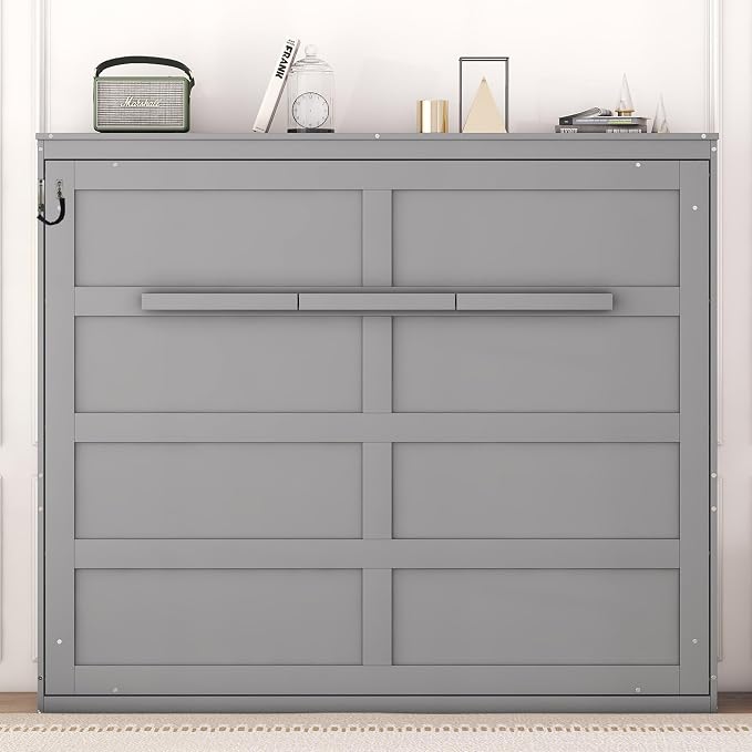 Ball & Cast Queen Size Murphy Bed,Hideaway Beds with Dual Piston Metal Folding Mechanism Designed,Wood Wall Cabinets Bedframe w/Slat Support and Storage Platform Top,Hardware Chain,for Apartment,Gray