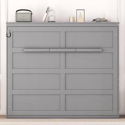 Ball & Cast Queen Size Murphy Bed,Hideaway Beds with Dual Piston Metal Folding Mechanism Designed,Wood Wall Cabinets Bedframe w/Slat Support and Storage Platform Top,Hardware Chain,for Apartment,Gray