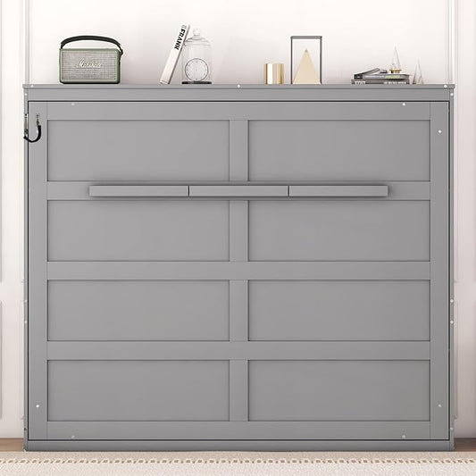Ball & Cast Queen Size Murphy Bed,Hideaway Beds with Dual Piston Metal Folding Mechanism Designed,Wood Wall Cabinets Bedframe w/Slat Support and Storage Platform Top,Hardware Chain,for Apartment,Gray