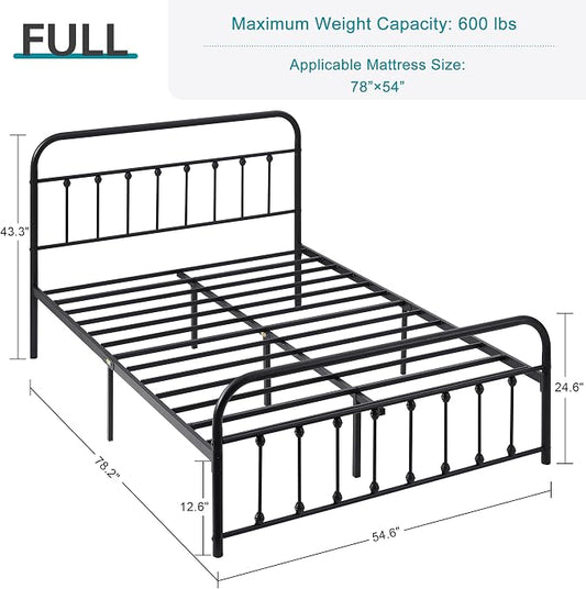 VECELO Black Metal Bed Frame Full Size with Vintage Headboard and Footboard, No Box Spring Needed, Premium Stable Steel Slat Support Mattress Foundation