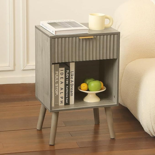 Fultyle Mid Century Modern Nightstand, Wood Bedside Table with Drawer and Open Storage, End Table Living Room Fluted Night Stand with Solid Wood Legs for Bedroom (Grey)