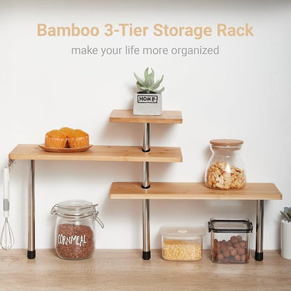 3-Tier Corner Shelf, Bamboo & Metal Storage Rack with Hooks, Adjustable Countertop Organizer for Kitchen, Bathroom, Bedroom or Office