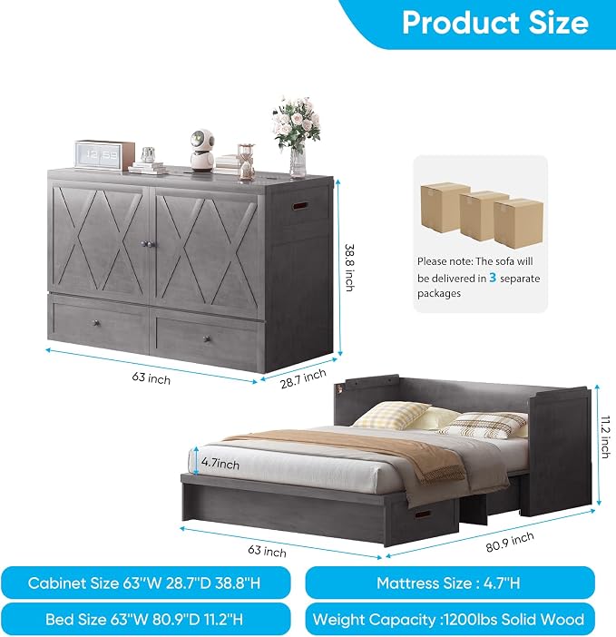 Mjkone Murphy Bed with Tri-Folding Mattress, Queen Hidden Cabinet Bed with Built-in USB Charging Station and 2 Storage Drawers, Foldable Wall Cabinet Beds for Living Room/Guest Room/Apartment, Gray