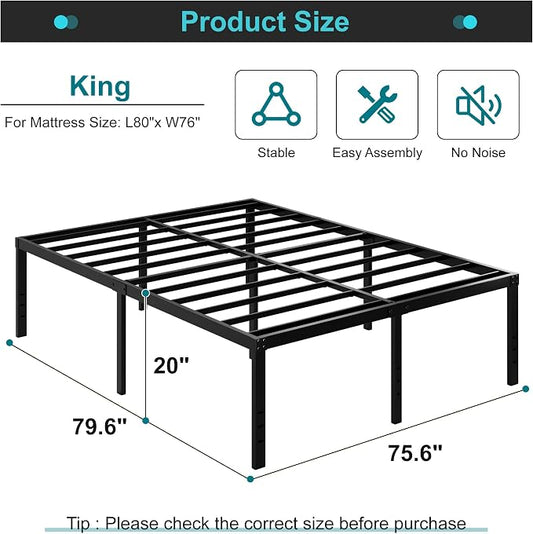 Maenizi 20 Inch King Bed Frame No Box Spring Needed, Heavy Duty King Platform Bed Frame Support Up to 3000 lbs, Easy Assembly, Noise Free, Black