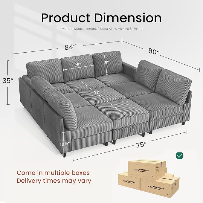 KKL Modular Sectional Sofa Bed - Sofabed with Storage Ottoman, Convertible L/U-Shaped Sleeper Couch for Living Room, Modern Reversible Design, Grey