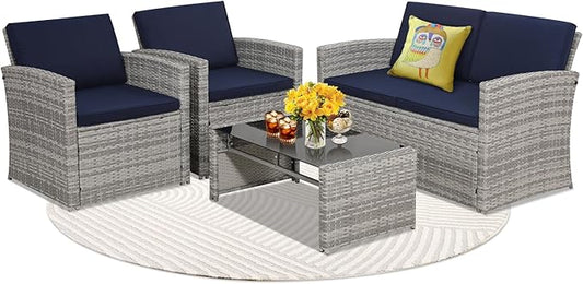 KROFEM 4-Piece Patio Furniture Set, Wicker Outdoor Rattan Sectional Sofa with Cushions and Glass Table, All-Weather Outdoor Conversation Set for Garden, Porch, Backyard, Patio, Blue