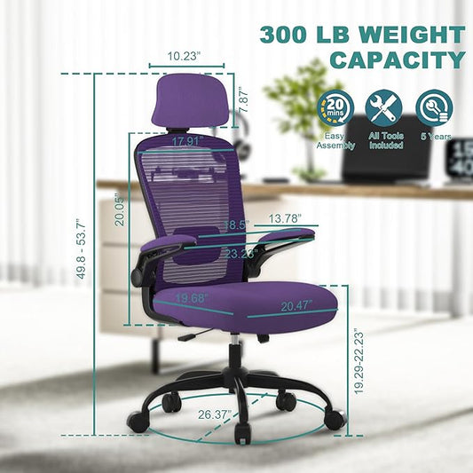 Mimoglad Office Chair, High Back Ergonomic Desk Chair with Adjustable Lumbar Support and Headrest, with flip-up Armrests for Guitar Playing, 5 Years Warranty (Modern, Dark Purple(Black Frame))