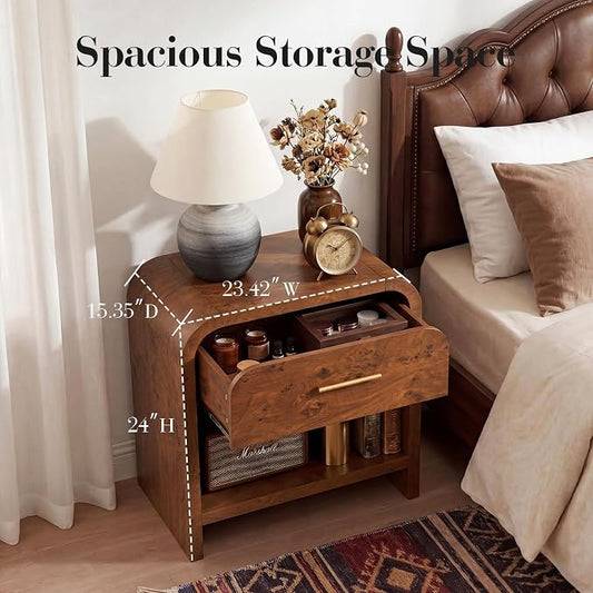 Night Stand Set of 2 [Unique Curved Profile] [FSC-Certified Wooden Board] 1-Drawer and 1 Storage Shelf Nightstand 24" H Metal Handle Modern Bedside Table Side Table End Table