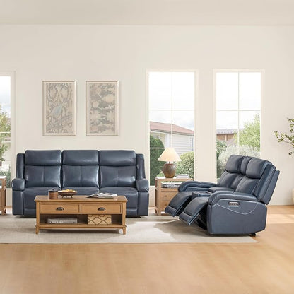 Watson & Whitely Genuine Leather Power Recliner Sofa, 3 Seater Wall Hugger Reclining Sofas with Power Headrest, USB & TypeC Ports, Electric Recliner Couch Set for Living Room, Navy