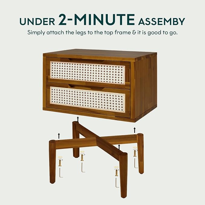 Bme Oliver Solid Wood Rattan Nightstand/Side Table/End Table, Fully Assembled, for Bohemian & Mid Century Style Bedroom and Living Room, Caramel | Fully Assembled