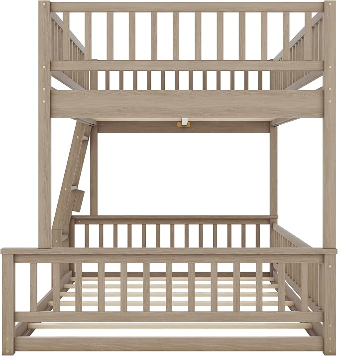 Full XL Over Queen Bunk Bed with Safety Guardrails, Solid Wood Floor Bunk Bed Frame with Sturdy Slat Support for Kids Teens Adults, Detachable Design (Walnut-tra)