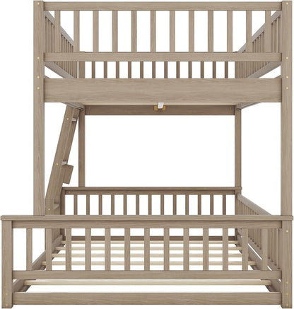 Full XL Over Queen Bunk Bed with Safety Guardrails, Solid Wood Floor Bunk Bed Frame with Sturdy Slat Support for Kids Teens Adults, Detachable Design (Walnut-tra)