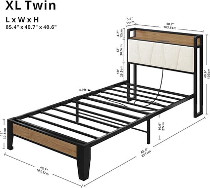 LIKIMIO Twin XL Bed Frames, Storage Headboard with Charging Station, Solid and Stable, Noise Free, No Box Spring Needed, Easy Assembly, Wood and Cream