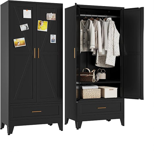 Metal Wardrobe Closet Cabinet with Drawers,71" H Large Bedroom Armoires with Shelves and Hanging Rod,Wardrobe Storage Cabinet with 2 Doors, 1 Adjustable Shelf and Drawers (1Drawer, Black)