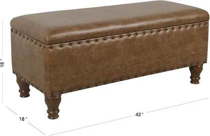 HomePop Large Storage Bench with Nailhead Trim - Distressed Brown Faux Leather