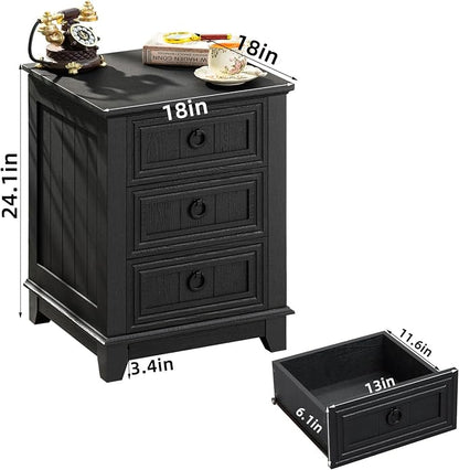 Joaxswe Farmhouse Night Stand Set of 2, 18" End Table with 3 Drawer Metal Handle, Dresser for Bedroom, Sofa Bed Side Table Chest of Drawers,Wood Nightstand Cabinet for Organizer, Living Room-Black