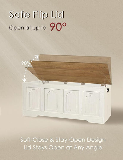 DINZI LVJ Storage Chest, 50” Extra Large Storage Bench with 2 Safety Hinges, Farmhouse Wooden Toy Box with Flip-Top, Large Trunk for Living Room, Playroom, Easy Assembly, Honey Brown and Rustic White