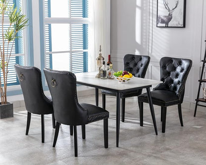 CIMOTA Black Leather Dining Chairs Set of 4 Mid Century Modern Dining Room Chairs Tufted Upholstered Kitchen Dining Chairs Comfortable Side Chairs with Nailhead Trim/Ring Back (PU /4PCS)