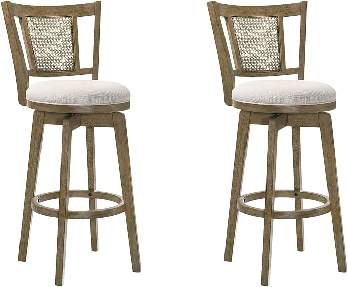 Armen Living Isla 30 in. Putty Brown Bar Height Rubberwood Swivel Barstool with Cream Fabric Seat - Set of 2