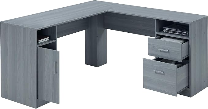 Techni Mobili Functional L-Shaped Computer Desk with storage, L is ⁠59.5" wide x 59.5" Long, Grey