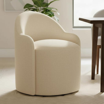 KISLOT Upholstered Dining Chairs with Casters, No Assembly Modern Dining Room Chairs Accent Vanity Chair with 5 Wheels & Round Backrest for Bedroom, Living Room, Dressing, Sand Fabric, Set of 1