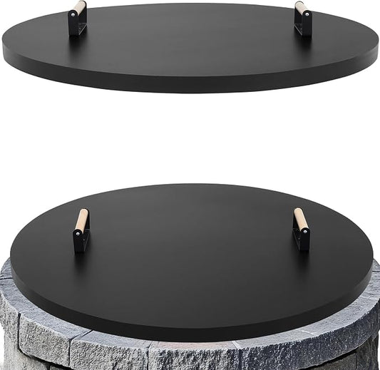 Fire Pit Lid Round 36", Heat Resistant Metal Firepit Cover with 2 Wooden Handles for Round Patio Fire Pit, Compatible for Firepits Inside Dia Up to 34"
