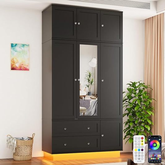 92.2" Tall Armoire Wardrobe Closet with Mirror & Motion Sensor Light, Large Storage Cabinet with 2 Drawers, Hanging Rod & Adjustable LED Strip, Anti-Tipping Wood Bedroom Furniture, 47.4"L, Black