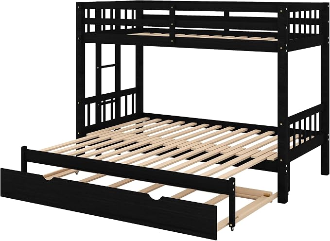 RUNNA Twin Over Twin/Queen Bunk Bed with Trundle, Pull-Out, Espresso | Twin over twin/queen bunk bed with trundle,stretchable pull-out bed,solid wood,guardrails,no box spring needed,espresso