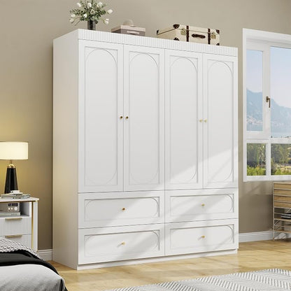 Bedroom Armoire Wardrobe Closet: 63" White Wardrobe Closet with Drawers, Wooden Closets Cabinet for Hanging Clothes, Large Wardrobes Armoires with Doors and Shelves(White)