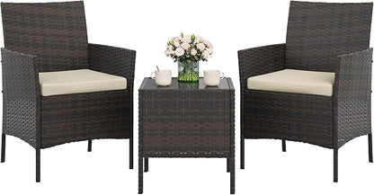 3-Piece Outdoor Furniture Set, PE Rattan Wicker Chairs with Soft Cushions & Tempered Glass Coffee Table - All-Weather Patio Set for Garden, Backyard, Porch, Poolside (Gradient Brown/Beige)