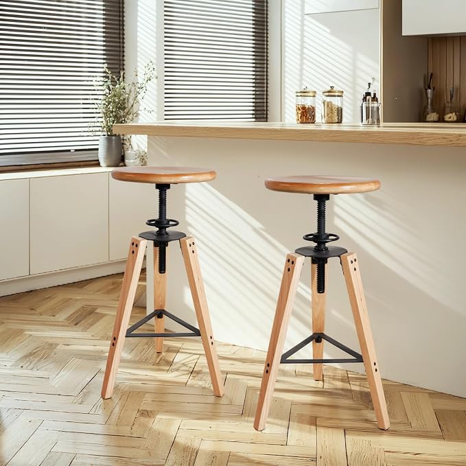 2-Piece Adjustable Height Swivel Bar Stool - Industrial Rustic Style, Solid Oak Wood Seat and Frame, 24.8"-28.7", Natural Finish, Anti-Slip Pads - Perfect for Kitchen, Bar, Counter, Home - Heavy Duty