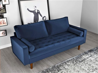 Container Furniture Direct Womble Mid Century Modern Velvet Upholstered Tufted Seat with Bolster Pillows, Sofa, Denim Blue