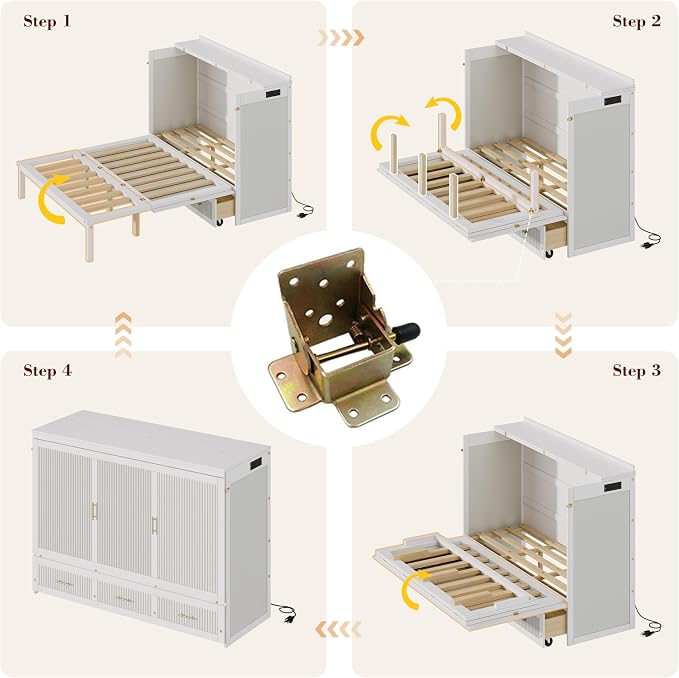 Bellemave Queen Size Murphy Bed with Charging Station and Storage, Farmhouse Murphy bedframe with Foldable Panel, Noisy Free, for Guest Bedroom, Living Room, White