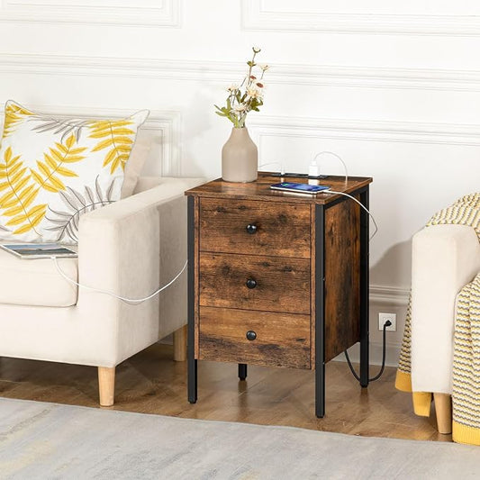 HOOBRO Nightstand with Charging Station, Side Table with 3 Drawers and Storage Shelf, End Table with USB Port, Retro Industrial Style Bedside Table, for Living Room, Bedroom, Rustic Brown BF461BZ01G2