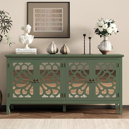 RoyalCraft 63'' Buffet Cabinet with Mirror Butterfly Carved Door, Sideboard Cabinet with Adjustable Shelves, Vintage Accent Credenza Media Console for Entryway, Kitchen, Forest Green