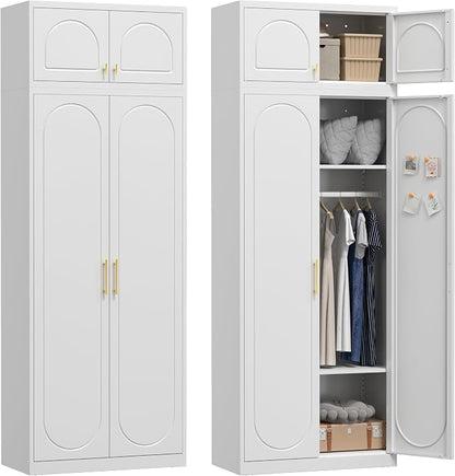 UNICOLY 86" Armoire Wardrobe Closet, 71'' Metal Closet with 15" Cabinets, Wardrobe Cabinet with Hanging Rod, for Bedroom School, Employee, Gym, Armarios De Ropa para DormitorioAssembly Required, White