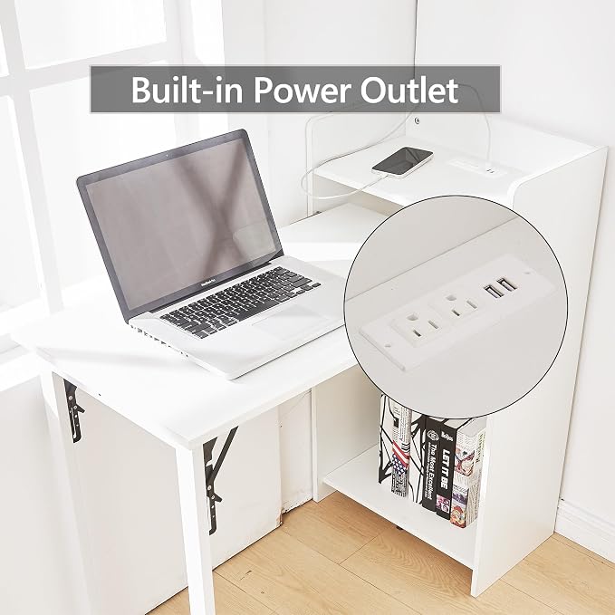 Fold Out Desk,Hidden Desk with Built-in Outlet, Foldable Desk with Storage for Small Spaces,Home Office and Bedroom (White)