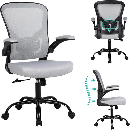 Flysky Mesh Office Chair, Ergonomic Computer Desk Chairs for Home Office - with Comfy/Comfortable Flip-up Arm Rests, Lumbar Support, Height Adjustable, 360 Degree Rolling Swivel (Gray, 1 Pack)
