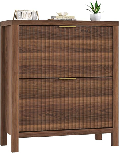 YOMILUVE Shoe Cabinet Storage for Entryway, Fluted Shoe Cabinet with 2 Flip Drawers, Hidden Shoe Rack Tall Freestanding Shoe Organizer with Legs for Hallway, Walnut
